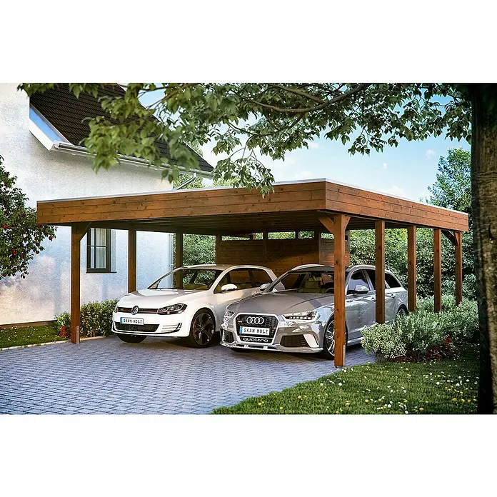 SKAN HOLZ Carport Friesland - Außenmaß inkl. Dachüberstand (B x T): 5,57 x 7,08 m, Doppelcarport, Nussbaum, Mit Abstellraum - Ein modernes Doppelcarport aus Holz bietet Schutz für zwei Autos, ein weißes und ein silbernes, vor Witterungseinflüssen.