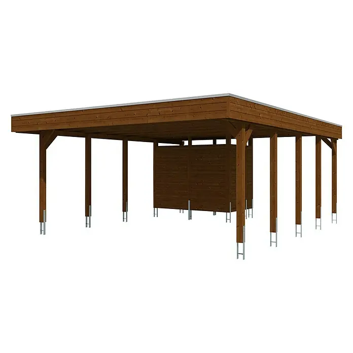 SKAN HOLZ Carport Friesland - Außenmaß inkl. Dachüberstand (B x T): 5,57 x 7,08 m, Doppelcarport, Nussbaum, Mit Abstellraum - Dieses Bild zeigt einen Holzcarport mit Pfosten und Dach. Der Carport bietet Schutz vor Witterungseinflüssen für Fahrzeuge.