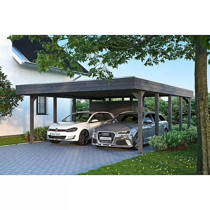 SKAN HOLZ Carport Friesland - Außenmaß inkl. Dachüberstand (B x T): 5,57 x 7,08 m, Doppelcarport, Schiefergrau - Anwendungsbeispiel