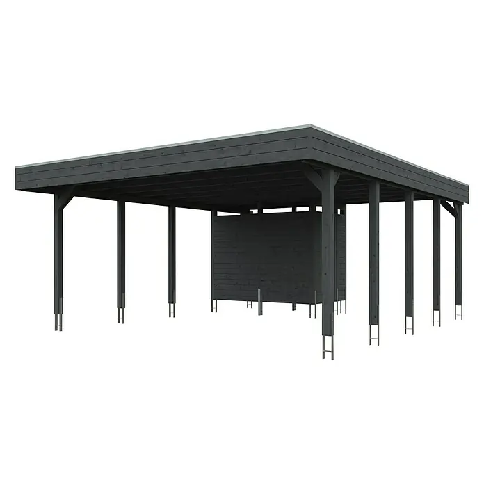 SKAN HOLZ Carport Friesland - Außenmaß inkl. Dachüberstand (B x T): 5,57 x 7,08 m, Doppelcarport, Schiefergrau - Ein dunkler Holzpavillon mit mehreren Stützpfeilern und einer Rückwand, ideal für den Garten.