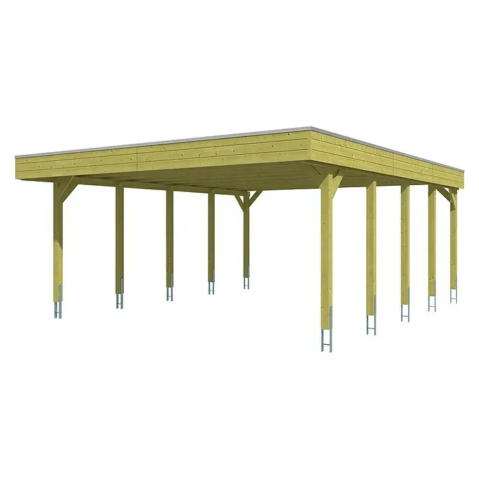 SKAN HOLZ Carport Friesland - Außenmaß inkl. Dachüberstand (B x T): 5,57 x 7,08 m, Doppelcarport, Grün, Material Dach: Aluminium - Ein Holzcarport mit mehreren Pfosten und einem Flachdach bietet Schutz für Fahrzeuge oder als überdachter Aufenthaltsbereich.