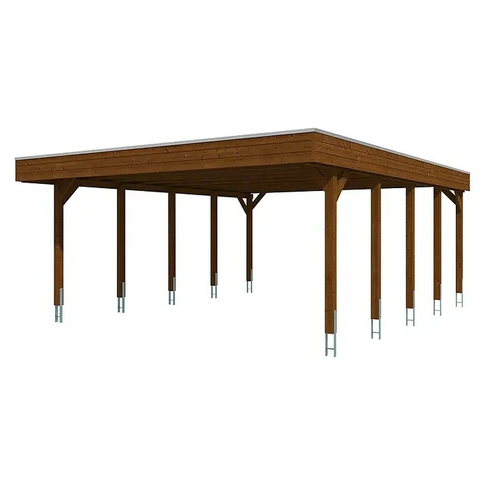 SKAN HOLZ Carport Friesland - Außenmaß inkl. Dachüberstand (B x T): 5,57 x 7,08 m, Doppelcarport, Nussbaum, Material Dach: Holz - Ein Holzcarport mit flachem Dach und mehreren Stützpfosten. Die Holzkonstruktion bietet Schutz und ist eine stilvolle Ergänzung.