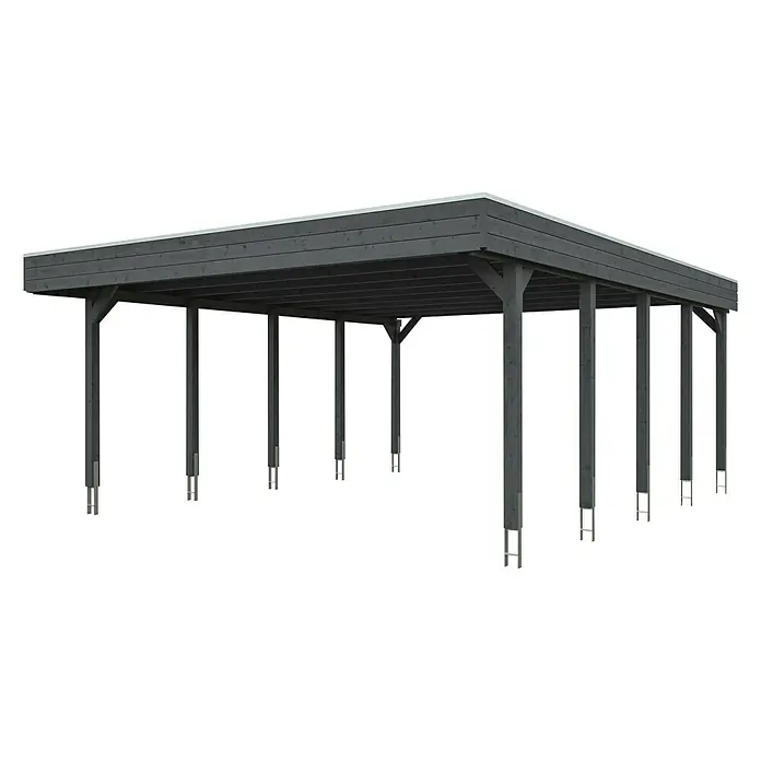 SKAN HOLZ Carport Friesland - Außenmaß inkl. Dachüberstand (B x T): 5,57 x 7,08 m, Doppelcarport, Schiefergrau, Material Dach: Aluminium - Ansicht eines dunkelgrauen Pavillons mit mehreren Stützpfosten und einem hellgrauen Dach. Ideal für den Garten als Unterstand.