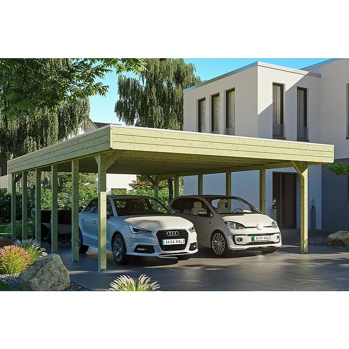 SKAN HOLZ Carport Friesland - Außenmaß inkl. Dachüberstand (B x T): 5,57 x 8,6 m, Doppelcarport, Grün, Material Dach: Holz - Ein Carport aus Holz mit zwei geparkten Autos darunter, bietet Schutz vor Witterungseinflüssen und dient als praktischer Unterstand.
