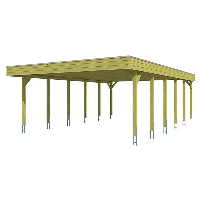 SKAN HOLZ Carport Friesland - Außenmaß inkl. Dachüberstand (B x T): 5,57 x 8,6 m, Doppelcarport, Grün, Material Dach: Holz - Dieses Bild zeigt ein Carport mit Holzpfosten und einem flachen Dach, ideal für den Schutz von Fahrzeugen vor Witterungseinflüssen.