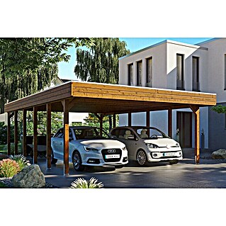 Skan Holz Carport Friesland (Außenmaß inkl. Dachüberstand (B x T): 5,57 x 8,6 m, Doppelcarport, Nussbaum, Materialspezifizierung Dach: Aluminium-Dachplatten)