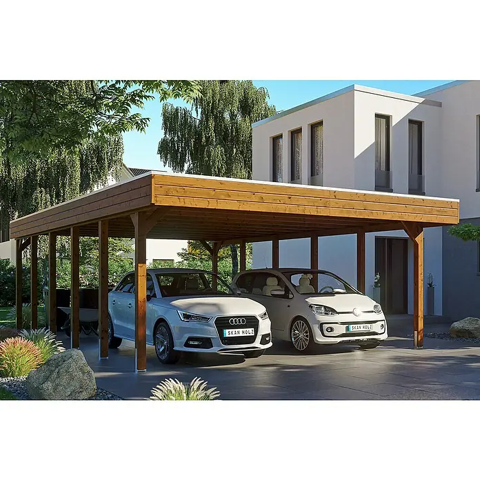 SKAN HOLZ Carport Friesland - Außenmaß inkl. Dachüberstand (B x T): 5,57 x 8,6 m, Doppelcarport, Nussbaum, Materialspezifizierung Dach: EPDM-Folie, Fichte - Ein SKAN HOLZ Carport aus Holz mit zwei parkenden Autos darunter, bietet Schutz und eine stilvolle Ergänzung für jedes Zuhause.