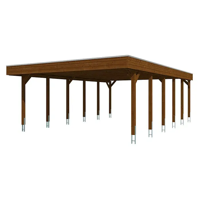 SKAN HOLZ Carport Friesland - Außenmaß inkl. Dachüberstand (B x T): 5,57 x 8,6 m, Doppelcarport, Nussbaum, Materialspezifizierung Dach: EPDM-Folie, Fichte - Bild eines Holzcarports mit mehreren Säulen und einem schützenden Dach, ideal für Fahrzeuge oder als Unterstand im Freien.