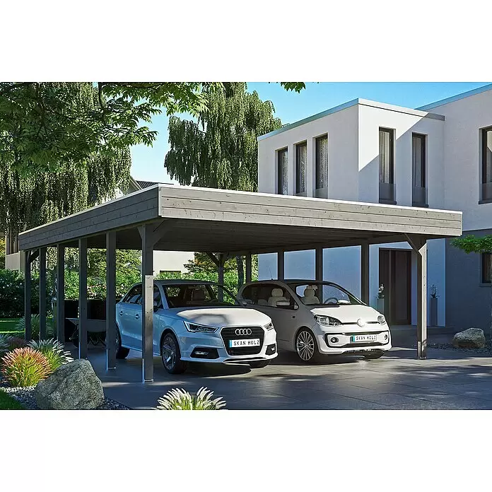 SKAN HOLZ Carport Friesland - Außenmaß inkl. Dachüberstand (B x T): 5,57 x 8,6 m, Doppelcarport, Schiefergrau, Material Dach: Holz - Anwendungsbeispiel