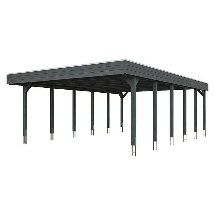 SKAN HOLZ Carport Friesland - Außenmaß inkl. Dachüberstand (B x T): 5,57 x 8,6 m, Doppelcarport, Schiefergrau, Material Dach: Holz - Abbildung einer modernen, grauen Holzpergola mit stabilen Pfosten und einem flachen Dach. Ideal für den Außenbereich.