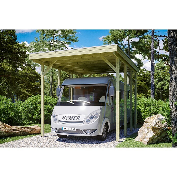 Skan Holz Carport FrieslandB x T: 397 x 555 cm, Einfahrtshöhe: 351 cm, Natur, Geeignet für: Caravans Use Shot