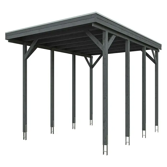 SKAN HOLZ Carport Friesland - Außenmaß inkl. Dachüberstand (B x T): 3,97 x 5,55 m, Einzelcarport, Schiefergrau - Abbildung eines Carports mit einem grauen Holzrahmen und einem Flachdach. Der Carport steht frei und bietet Schutz vor Witterungseinflüssen.