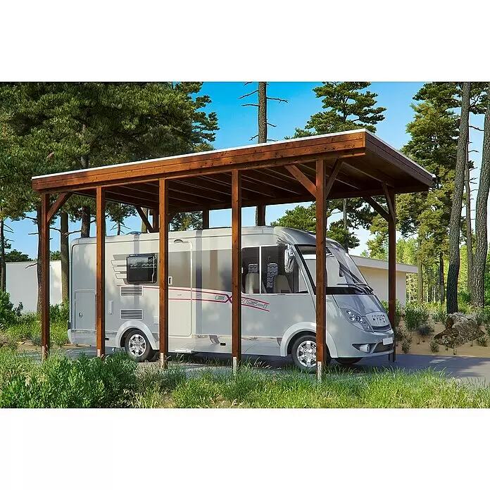SKAN HOLZ Carport Friesland - Außenmaß inkl. Dachüberstand (B x T): 3,97 x 7,08 m, Einzelcarport, Nussbaum, Carport geeignet für: Caravans - Anwendungsbeispiel