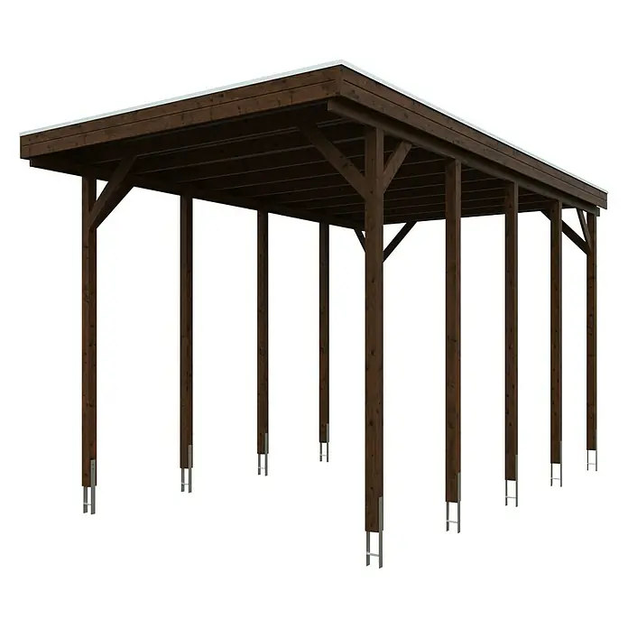 SKAN HOLZ Carport Friesland - Außenmaß inkl. Dachüberstand (B x T): 3,97 x 7,08 m, Einzelcarport, Nussbaum, Carport geeignet für: Caravans - Carport aus Holz mit weißem Dach, ideal zum Schutz Ihres Fahrzeugs vor Witterungseinflüssen, mit stabilen Stützpfeilern.