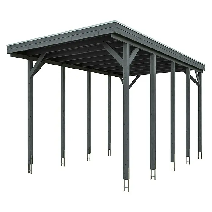 SKAN HOLZ Carport Friesland - Außenmaß inkl. Dachüberstand (B x T): 3,97 x 7,08 m, Einzelcarport, Schiefergrau - Bild eines modernen Holzcarports mit grauer Oberfläche, das einen robusten und stilvollen Schutz für Fahrzeuge bietet.