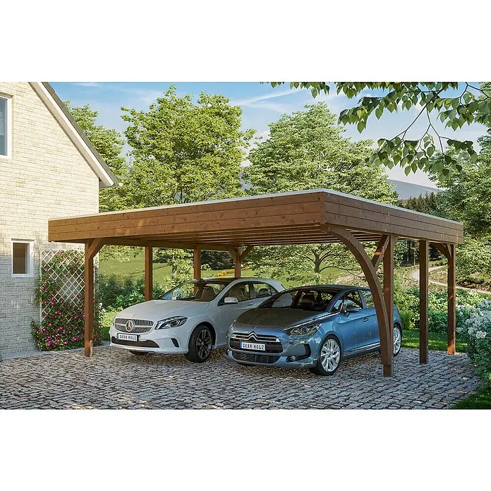 SKAN HOLZ Carport Friesland - Außenmaß inkl. Dachüberstand (B x T): 5,57 x 5,55 m, Doppelcarport, Nussbaum, Mit 1 Einfahrtsbogen - Ein Carport aus Holz bietet Unterstellplätze für zwei Autos. Das Design fügt sich gut in die natürliche Umgebung ein.