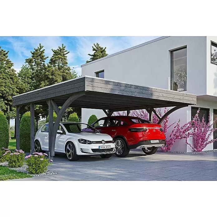 SKAN HOLZ Carport Friesland - Außenmaß inkl. Dachüberstand (B x T): 5,57 x 5,55 m, Doppelcarport, Schiefergrau, Mit 2 Einfahrtsbögen - Anwendungsbeispiel