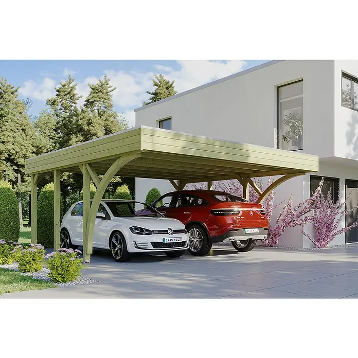 SKAN HOLZ Carport Friesland - Außenmaß inkl. Dachüberstand (B x T): 5,57 x 5,55 m, Doppelcarport, Grün, Mit 2 Einfahrtsbögen - Das Carport schützt zwei Autos vor Witterungseinflüssen. Das Holzcarport ist hellgrün und bietet Platz für einen VW Golf und einen Mercedes GLE.