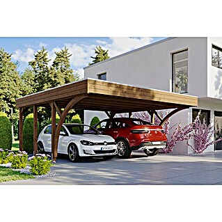 Skan Holz Carport Friesland (Außenmaß inkl. Dachüberstand (B x T): 5,57 x 5,55 m, Doppelcarport, Nussbaum, Mit 2 Einfahrtsbögen)