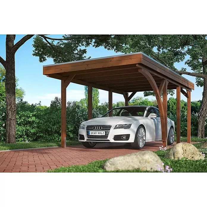 SKAN HOLZ Carport Friesland - Außenmaß inkl. Dachüberstand (B x T): 3,14 x 5,55 m, Einzelcarport, Nussbaum, Mit 1 Einfahrtsbogen - Anwendungsbeispiel