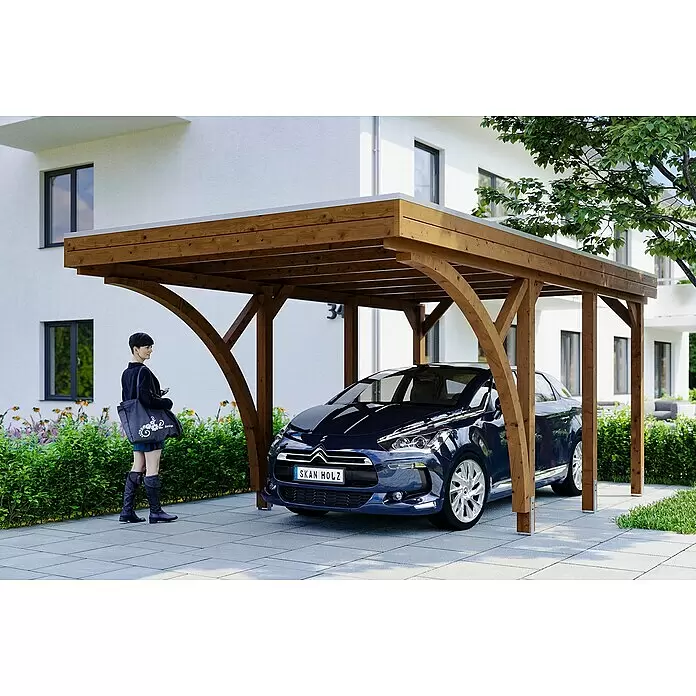 SKAN HOLZ Carport Friesland - Außenmaß inkl. Dachüberstand (B x T): 3,14 x 5,55 m, Einzelcarport, Nussbaum, Mit 2 Einfahrtsbögen - Stimmungsaufnahme