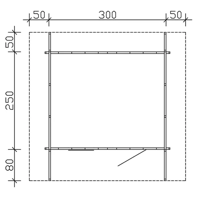 SKAN HOLZ Gartenhaus Arosa 1 - Außenmaß inkl. Dachüberstand (B x T): 400 x 380 cm, Holz, Natur - Draufsicht einer Zimmerstruktur mit angegebenen Maßen für Bau- oder Planungszwecke.