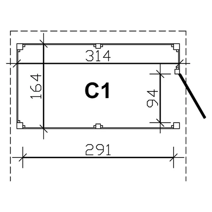 SKAN HOLZ Carport-Abstellraum C1 - Passend für: Skan Holz Carports mit Durchfahrtsbreite bis 291 cm, Schiefergrau - Technische Zeichnung eines rechteckigen Objekts mit den Maßen 164 x 314 mm, gekennzeichnet mit "C1". Detailreiche Darstellung für Bau oder Design.