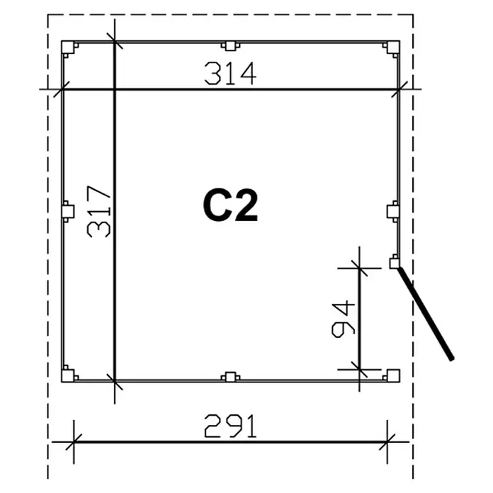 SKAN HOLZ Carport-Abstellraum C2 - Passend für: Skan Holz Carports mit Durchfahrtsbreite bis 291 cm, Nussbaum - Grundriss von Raum C2 mit Maßen und Tür. Das Bild zeigt eine schematische Darstellung des Raumes mit den Abmessungen 317 x 314 x 291 und einer Tür.