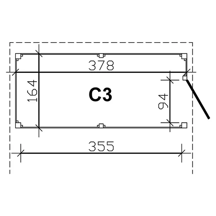 SKAN HOLZ Carport-Abstellraum C3 - Passend für: Skan Holz Carports mit Durchfahrtsbreite bis 355 cm, Nussbaum - Detaillierte technische Zeichnung von C3 mit Maßangaben. Präzise Darstellung für Planungs- und Konstruktionszwecke.