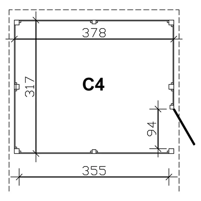 SKAN HOLZ Carport-Abstellraum C4 - Passend für: Skan Holz Carports mit Durchfahrtsbreite bis 355 cm, Nussbaum - Abbildung von C4 mit den Maßen 378 x 317, 355 und 94, mit gestrichelter Umrandung zur Veranschaulichung der Aussenmasse.