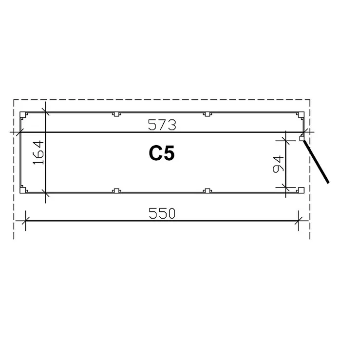 SKAN HOLZ Carport-Abstellraum C5 - Passend für: Skan Holz Carports mit Durchfahrtsbreite bis 550 cm, Grün - Produkt C5: Eine rechteckige Form mit den Maßen 573 x 164 mm oben und 550 x 94 mm unten, dargestellt in einer technischen Zeichnung.