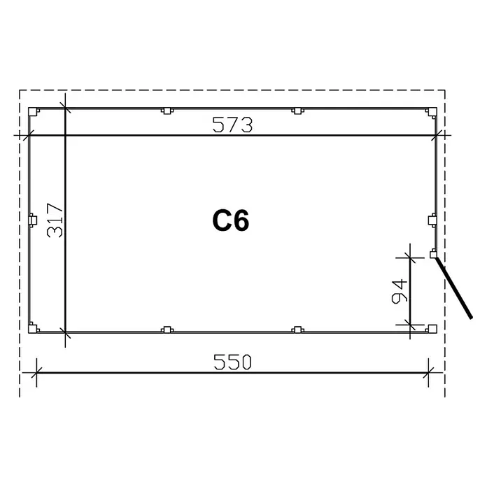 SKAN HOLZ Carport-Abstellraum C6 - Passend für: Skan Holz Carports mit Durchfahrtsbreite bis 550 cm, Nussbaum - Abbildung C6 mit Maßangaben von 317, 573, 550 und 94 zur Darstellung der Produktabmessungen.