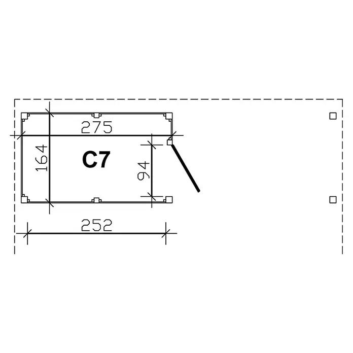 SKAN HOLZ Carport-Abstellraum C7 - Passend für: Skan Holz Carports mit Durchfahrtsbreite bis 550 cm, Grün - Technischer Plan mit Maßen (275, 164, 94, 252) und der Bezeichnung C7, dargestellt in einer klaren, technischen Zeichnung.