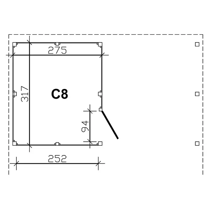 SKAN HOLZ Carport-Abstellraum C8 - Passend für: Skan Holz Carports mit Durchfahrtsbreite bis 550 cm, Nussbaum - Draufsicht der C8-Einheit mit Bemaßungen von 275 x 317 mm. Die Konstruktionszeichnung zeigt die genauen Abmessungen der Einheit.