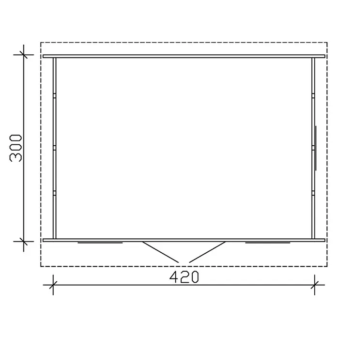 SKAN HOLZ Gartenhaus Basel 1 - Außenmaß inkl. Dachüberstand (B x T): 460 x 360 cm, Holz, Natur - Darstellung eines Grundrisses eines Holzhauses mit den Maßen 420 x 300, ideal für Garten oder als kleines Ferienhaus.
