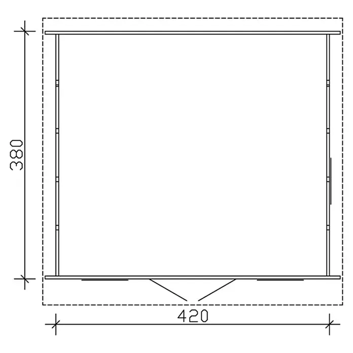 SKAN HOLZ Gartenhaus Basel 2 - Außenmaß inkl. Dachüberstand (B x T): 460 x 440 cm, Holz, Natur - Abbildung eines Gartenhauses mit den Maßen 380 x 420 cm, die eine klare und detaillierte Darstellung bietet.