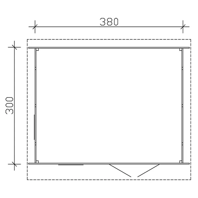 SKAN HOLZ Gartenhaus Breda 1 - Außenmaß inkl. Dachüberstand (B x T): 420 x 360 cm, Holz, Natur - Grundrisszeichnung eines Rechtecks mit den Maßen 380 x 300, inklusive einer Tür auf der linken Seite.