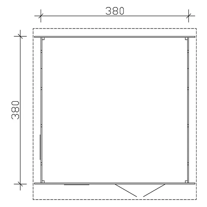 SKAN HOLZ Gartenhaus Breda 2 - Außenmaß inkl. Dachüberstand (B x T): 420 x 440 cm, Holz, Schiefergrau - Draufsicht des Produkts, das quadratisch ist und die Maße 380 x 380 hat. Die Zeichnung zeigt alle Details und Abmessungen des Produkts.