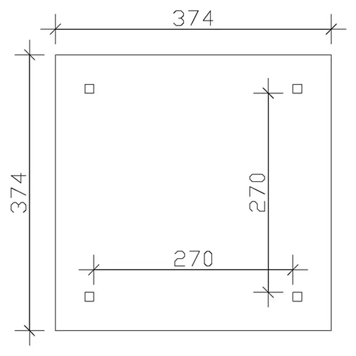 SKAN HOLZ Pavillon Cannes 1 - L x B: 374 x 374 cm, Natur - Technische Zeichnung einer quadratischen Platte mit einer Seitenlänge von 374 Einheiten und vier quadratischen Aussparungen, deren Mittelpunkte 270 Einheiten entfernt liegen.