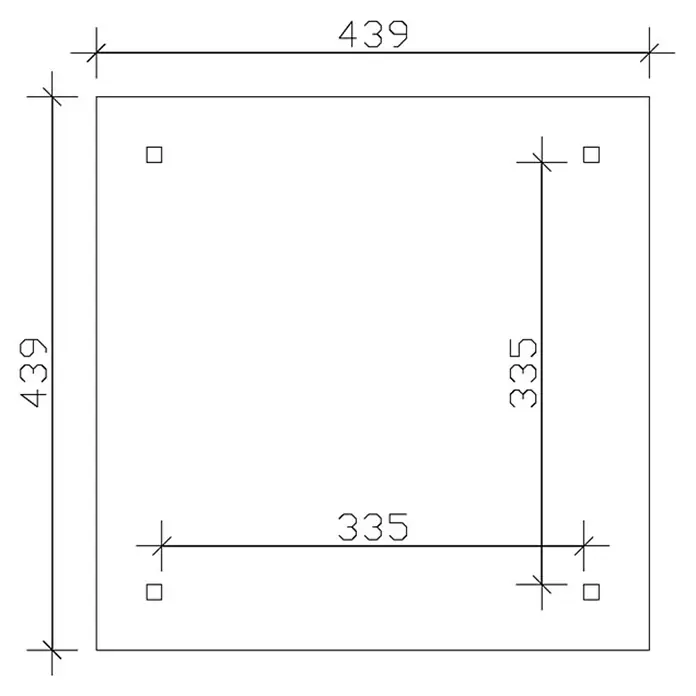 SKAN HOLZ Pavillon Cannes 2 - L x B: 439 x 439 cm, Natur - Quadrate mit Abmessungen von 439 x 439 und 335 x 335 mm, die die Anordnung und Größe der Quadrate detailliert beschreiben.