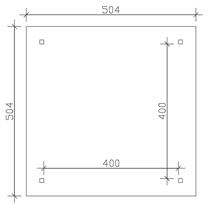 SKAN HOLZ Pavillon Cannes 3 - L x B: 504 x 504 cm, Natur - Technische Zeichnung einer quadratischen Platte mit Abmessungen und Bohrungen für Befestigungen.