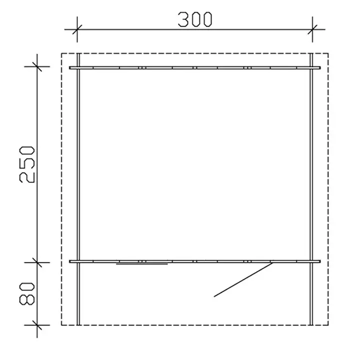 SKAN HOLZ Gartenhaus Como 2 - Außenmaß inkl. Dachüberstand (B x T): 340 x 350 cm, Holz, Natur - Technische Zeichnung eines Regals mit Maßangaben. Das Regal ist schlicht und funktional gestaltet.