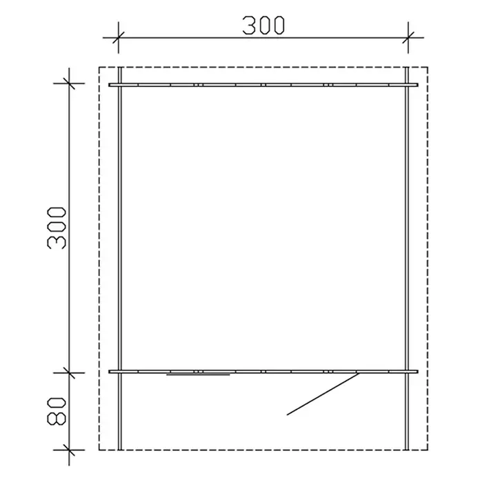 SKAN HOLZ Gartenhaus Como 3 - Außenmaß inkl. Dachüberstand (B x T): 340 x 400 cm, Holz, Natur - Schematische Darstellung eines Schranks mit Abmessungen. Die Gesamtbreite und -höhe betragen 300 Einheiten, die Höhe des unteren Teils 80 Einheiten.