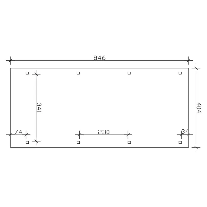 SKAN HOLZ Carport Emsland - Außenmaß inkl. Dachüberstand (B x T): 4,04 x 8,46 m, Einzelcarport, Carport geeignet für: Caravans, Nussbaum - Technische Zeichnung eines Rechtecks mit Bohrungen und Bemaßungen. Die Zeichnung zeigt Details zu Abmessungen und Lochpositionen.