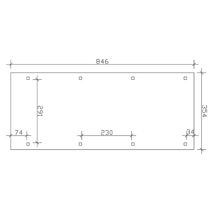 SKAN HOLZ Carport Emsland - Außenmaß inkl. Dachüberstand (B x T): 3,54 x 8,46 m, Einzelcarport, Weiß, Materialspezifizierung Dach: Aluminium-Dachplatten - Rechteckiges Schema mit Abmessungen und quadratischen Elementen, präzise und informativ für Konstruktionsdetails.