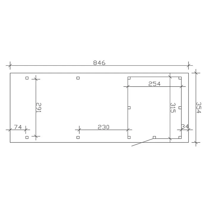 SKAN HOLZ Carport Emsland - Außenmaß inkl. Dachüberstand (B x T): 3,54 x 8,46 m, Einzelcarport, Weiß, Materialspezifizierung Dach: EPDM-Folie, Fichte, Mit Abstellraum - Technische Zeichnung eines Rechtecks mit diversen Maßen und Aussparungen. Sie zeigt die Abmessungen und Positionen der Elemente.