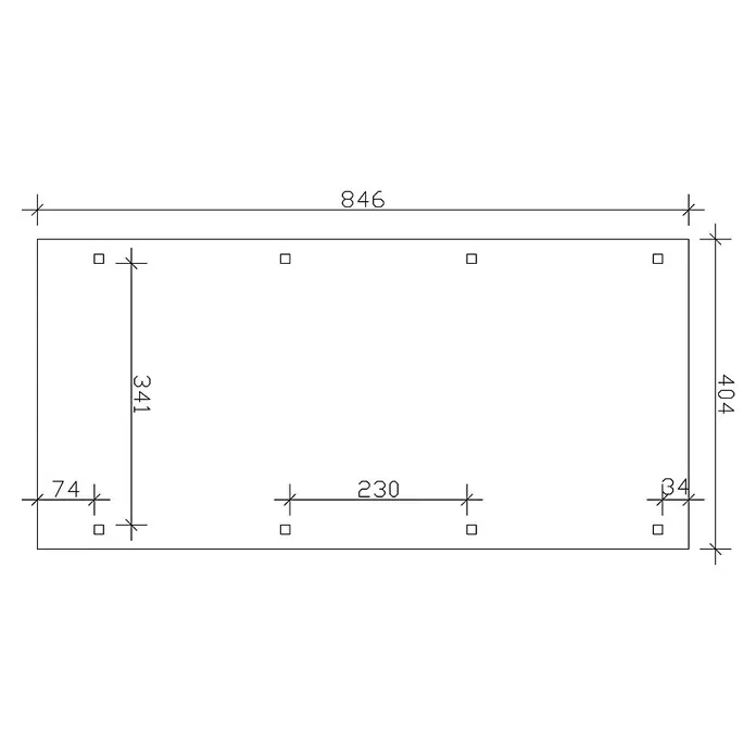 SKAN HOLZ Carport Emsland - Außenmaß inkl. Dachüberstand (B x T): 4,04 x 8,46 m, Einzelcarport, Natur, Materialspezifizierung Dach: Aluminium - Technische Zeichnung eines rechteckigen Objekts mit Bohrungen und Maßangaben. Details zur Konstruktion für Fertigungszwecke.