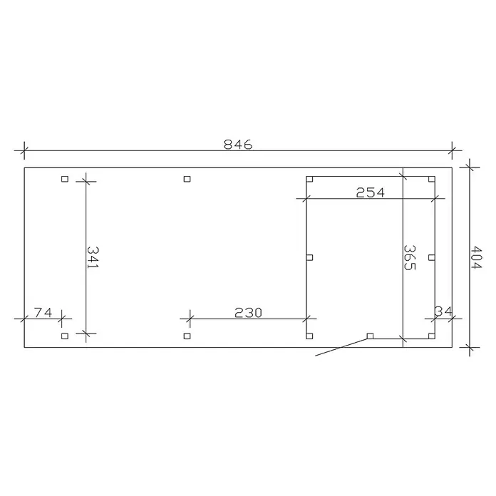 SKAN HOLZ Carport Emsland - Außenmaß inkl. Dachüberstand (B x T): 4,04 x 8,46 m, Einzelcarport, Natur, Materialspezifizierung Dach: Aluminium, Mit Abstellraum - Technische Zeichnung einer rechteckigen Basis mit rechteckigem Ausschnitt, einschließlich aller Maße zur genauen Spezifikation.