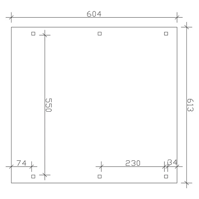 SKAN HOLZ Carport Emsland - Außenmaß inkl. Dachüberstand (B x T): 6,13 x 6,04 m, Doppelcarport, Natur, Materialspezifizierung Dach: EPDM-Folie, Fichte - Darstellung einer technischen Zeichnung eines quadratischen Objekts mit Bemaßungen und Bohrungen.