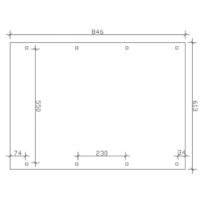 SKAN HOLZ Carport Emsland - Außenmaß inkl. Dachüberstand (B x T): 6,13 x 8,46 m, Doppelcarport, Natur, EPDM-Folie, Fichte, Ohne Abstellraum - Technische Zeichnung mit Abmessungen eines rechteckigen Rahmens, der für Bau- oder Konstruktionszwecke verwendet werden kann.